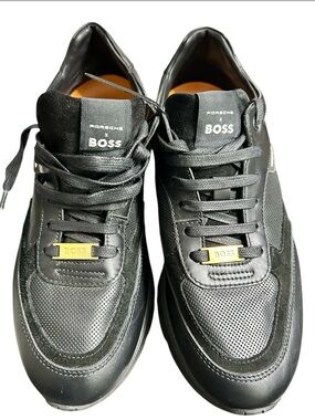 Boss Black Leather & Mesh Sneakers with Gold Accent